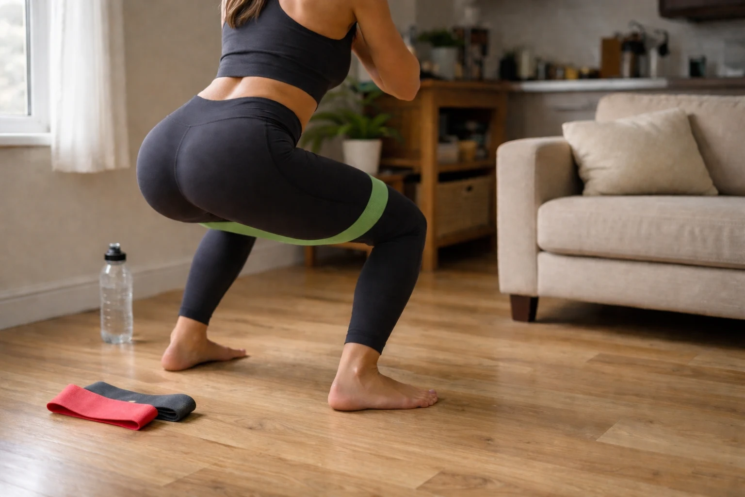 Resistance bands for home gym workout — banded squat in small apartment, morning light, loop band around thighs